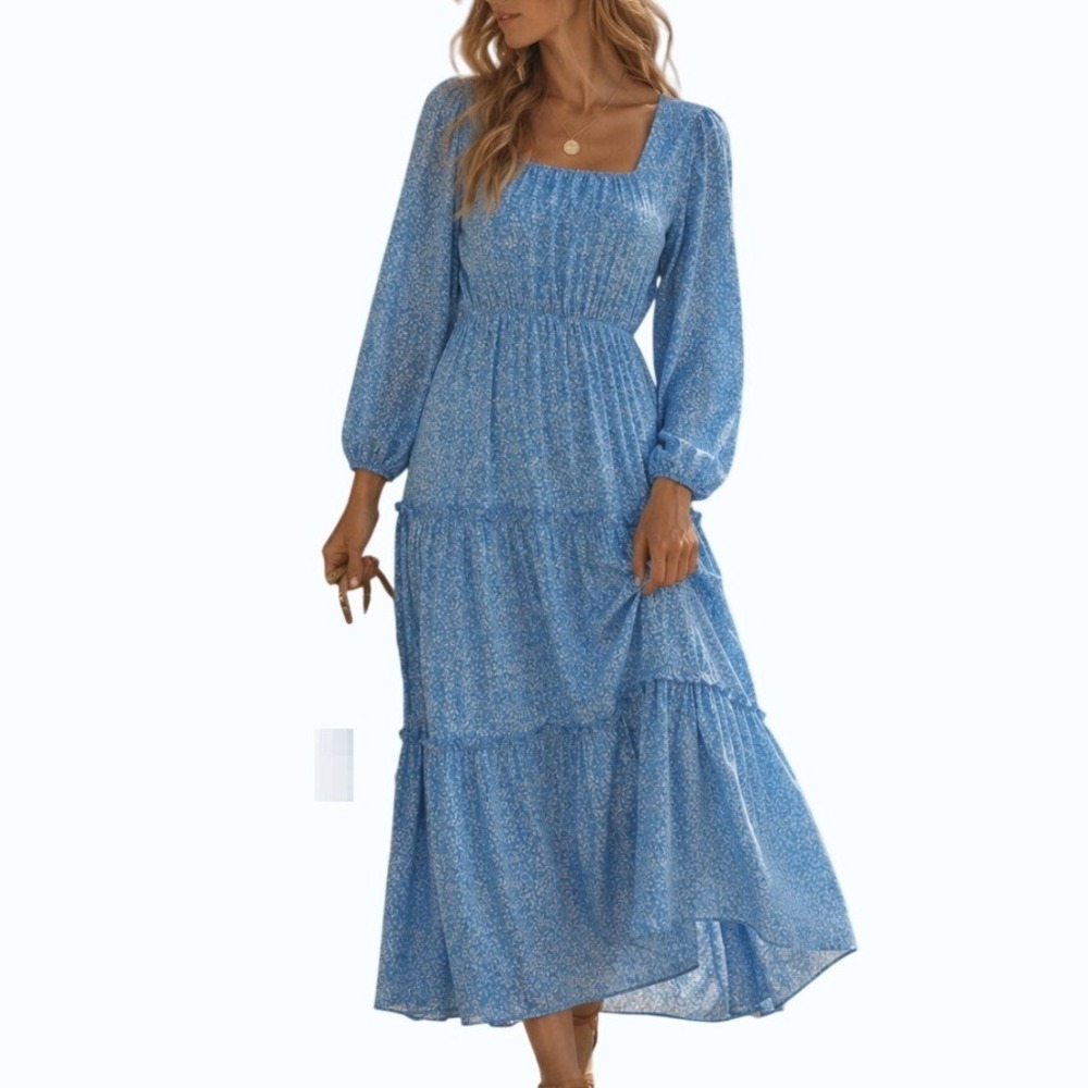 Floral Cotton Maxi Dress Large Blue Long Sleeve Boho Cottage Prairie Romantic